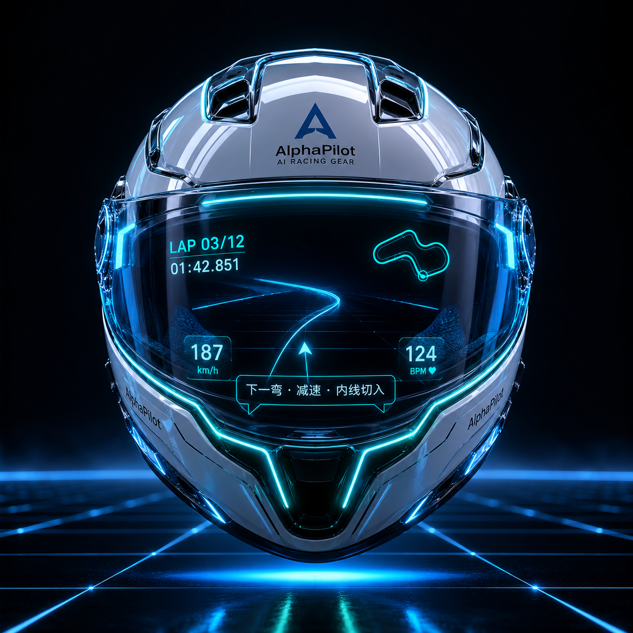 JARVIS 智能头盔正面特写 · AlphaPilot AI Racing Gear