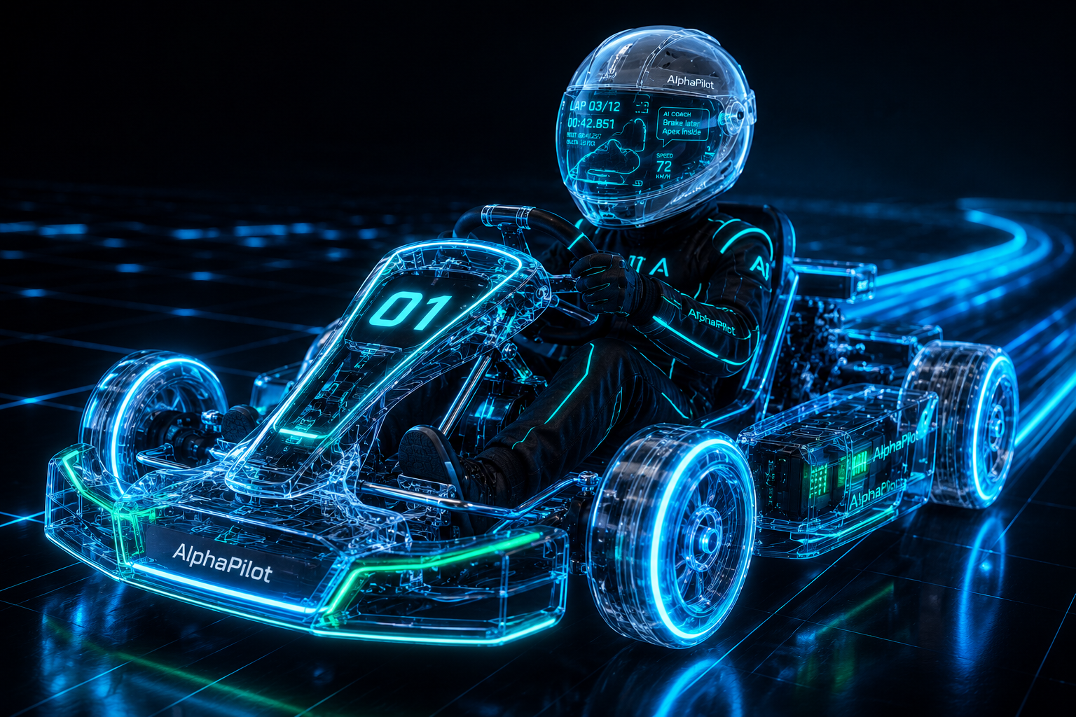 AlphaPilot · 透明赛博朋克 AI 卡丁车 + Jarvis 智能头盔